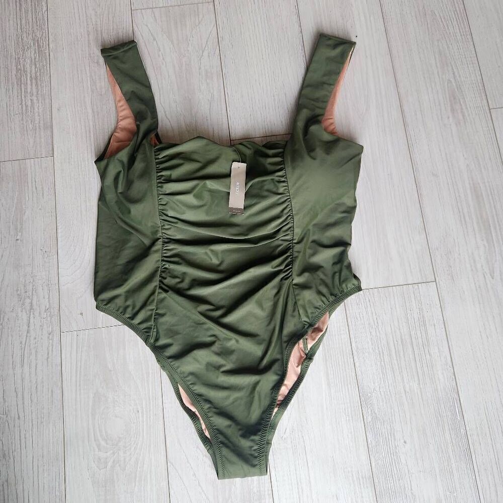 J Crew Swimsuit Womens 22 Plus One Piece Ruched Squareneck Green New‎ BF179